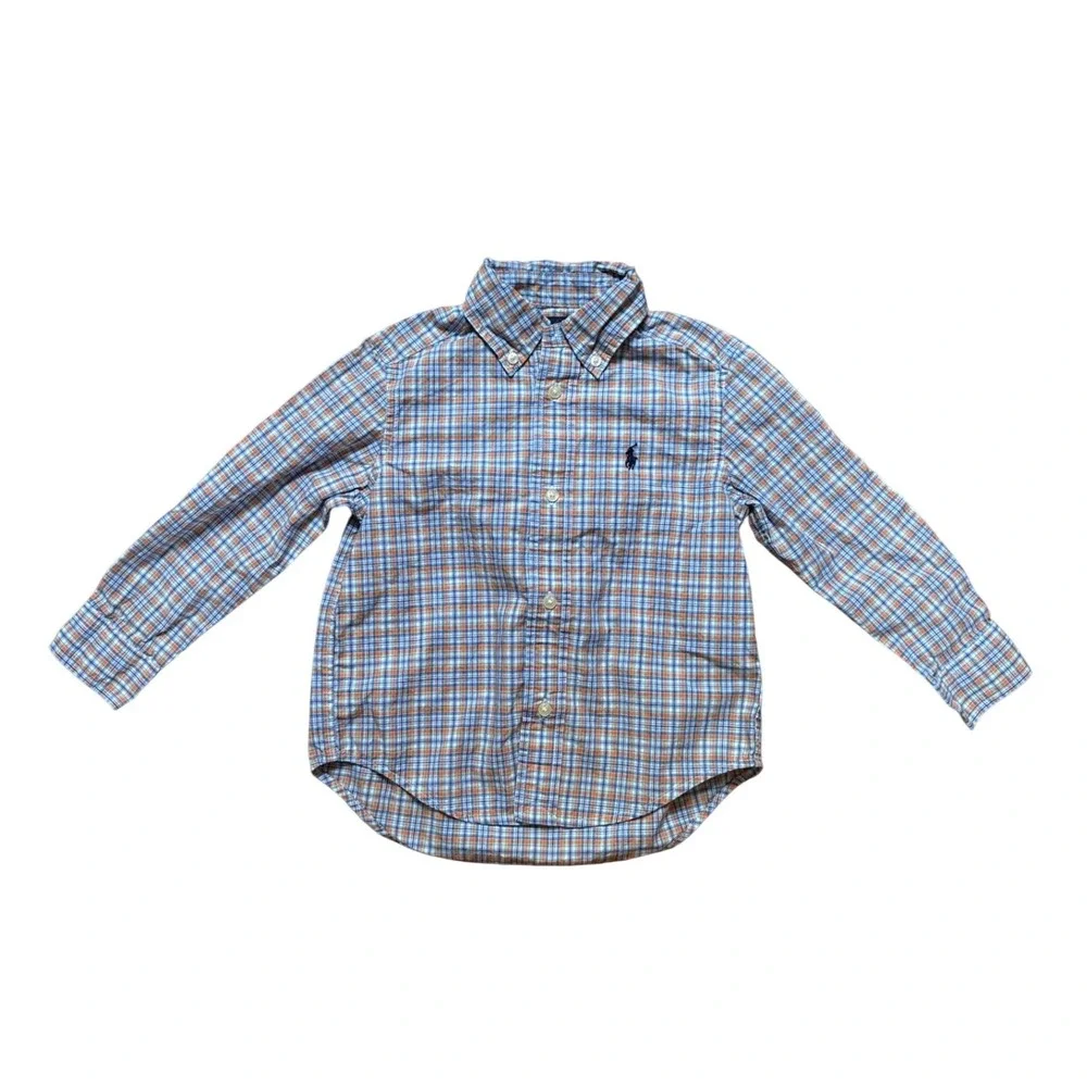 Ralph Lauren Button‎ Down Shirt Kids Blue Orange Plaid Excellent SIZE 2/2T